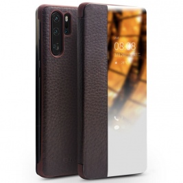 Θήκη Huawei P30 Pro QIALINO Litchi Pattern Leather Flip View Case-Dark Brown