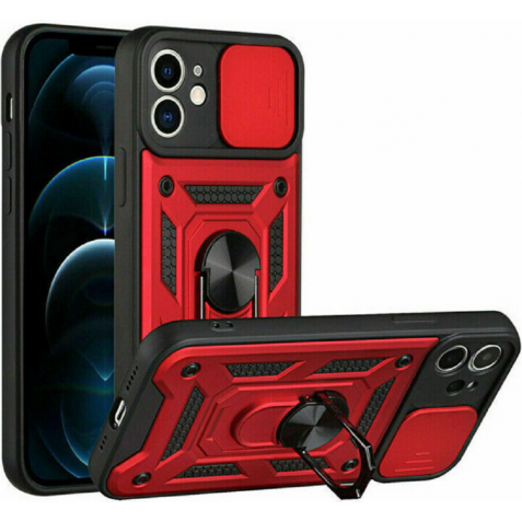 Bodycell Armor Slide - Ανθεκτική Θήκη Apple iPhone 12 με Κάλυμμα για την Κάμερα & Μεταλλικό Ring Holder - Red (5206015003189)