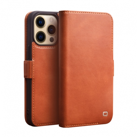 Θήκη iphone 14 Pro Max QIALINO Leather Magnetic Clasp Flip Case-Light Brown