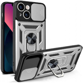 Bodycell Armor Slide - Ανθεκτική Θήκη Apple iPhone 13 με Κάλυμμα για την Κάμερα & Μεταλλικό Ring Holder - Silver (5206015013805)