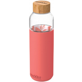 Quokka Flow Γυάλινο Μπουκάλι Νερού με Βιδωτό Καπάκι από Μπαμπού - 660ml - Pink Botanical (40006)