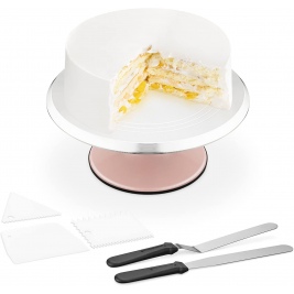 Navaris Rotating Cake Stand - Σετ Τουρτιέρα / Περιστρεφόμενη Βάση για Τούρτα / Κέικ από Αλουμίνιο και Ανοξείδωτο Ατσάλι με 2 x Σπάτουλες & 3 Ξύστρες - 30 cm - Pink (57831.01.10)