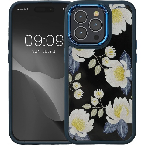 KWmobile Crystal Hard Case - Σκληρή Διάφανη Θήκη με TPU Bumper - Apple iPhone 14 Pro Max - White Blossoms / Yellow / Dark Blue / White (60469.02)
