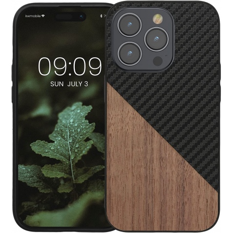 KWmobile Wood and Carbon Fiber - Σκληρή Ξύλινη Θήκη με TPU Bumper και Ανθρακονήματα - Apple iPhone 14 Pro - Dark Brown / Black / Walnut (61054.01)