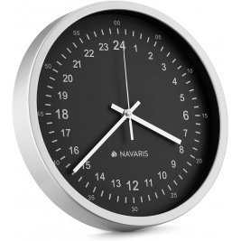 Navaris Analogue Wall Clock 24H - Αναλογικό Ρολόι Τοίχου από Γυαλί και Πλαστικό - 30 x 30 x 4 cm - Silver / Black Dial (55028.35.02)