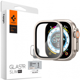 Spigen Tempered Glass GLAS.tR Slim Pro - Full Cover Αντιχαρακτικό Γυαλί Προστασίας Οθόνης με Μεταλλικό Πλαίσιο - Apple Watch Ultra 2 / Ultra 1 49mm - Titanium (AGL06161)