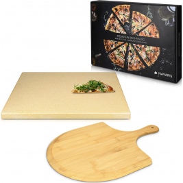 Navaris XL Pizza Stone - Σετ Τετράγωνη Πέτρινη Πλάκα Ψησίματος Πίτσας - Φτυάρι Πίτσας από Bamboo – Brown (48593.01)
