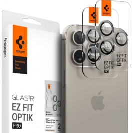 Spigen GLAS.tR EZ Fit OPTIK Pro Camera Lens Protector - Αντιχαρακτικό Προστατευτικό Γυαλί για Φακό Κάμερας Apple iPhone 15 Pro / 15 Pro Max / 14 Pro / 14 Pro Max - 2 Τεμάχια - Natural Titanium (AGL07163)
