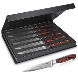 Navaris Set of Steak Knives - Σετ με 6 Μαχαίρια από Ανοξείδωτο Ατσάλι με Λαβή από Ξύλο Pakka και Κουτί Αποθήκευσης - Brown (48114.01.06)