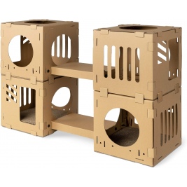 Navaris Modular Cat Tunnel Cubes / Play Tower Condo - Παιχνίδι / Σπίτι για Γάτες / Κουνελάκια με 2 x Ονυχοδρόμια / 2 x Γέφυρες - 4 x Κύβους από Χαρτόνι Γκοφρέ - Brown (53109.02)