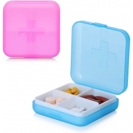 KW Pill Organizer Box - Θήκη Χαπιών με 4 Θέσεις - 6.5 x 6.5 x 2 cm - 2 Τεμάχια - Blue / Dark Pink (56607.02)