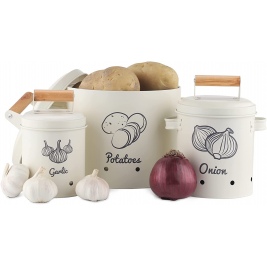 Navaris Storage Tins for Potatoes, Garlic, Onion - Σετ 3 Δοχεία Αποθήκευσης Λαχανικών με Λαβές / Χερούλια από Ξύλο Ευκαλύπτου - Cream (51525.02.16)
