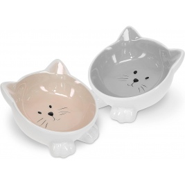 Navaris Cat Bowls with Ears Set of 2 - Σετ με 2 Μπολ Φαγητού και Νερού σε Σχήμα Γάτας - Beige / Grey (50736.11)