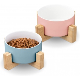 Navaris Ceramic Pet Bowls with Stand - Σετ με 2 Μπολ Φαγητού και Νερού με Βάση από Μπαμπού για Κατοικίδια - 550 ml - Blue / Pink (55428.1.33)