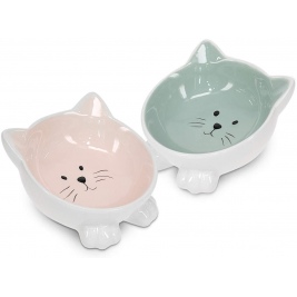 Navaris Cat Bowls with Ears Set of 2 - Σετ με 2 Μπολ Φαγητού και Νερού σε Σχήμα Γάτας - Pink / Green (50736.02)