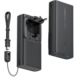 Veger PowerBank - Wall Adapter - Φορητή Μπαταρία Φόρτισης με Καλώδιο Type-C / Φορτιστής Τοίχου με 2 x USB-Α / 1 x Type-C - 10000mAh - 20W - Black (ACE100)