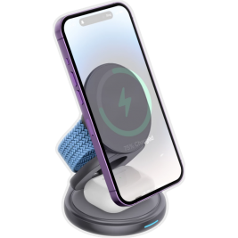 Ofkoz 3in1 360° Foldable Magnetic Wireless Charger - Μαγνητική Αναδιπλούμενη Περιστρεφόμενη Βάση Ασύρματης Φόρτισης MagSafe για iPhone 15 / 14 / 13 / 12 / AirPods / Apple Watch - 15W - Grey (OKFW01)