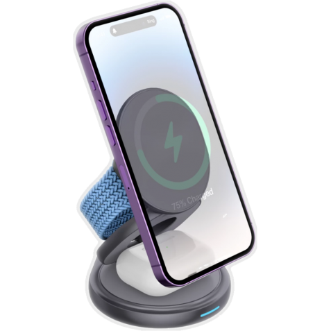 Ofkoz 3in1 360° Foldable Magnetic Wireless Charger - Μαγνητική Αναδιπλούμενη Περιστρεφόμενη Βάση Ασύρματης Φόρτισης MagSafe για iPhone 15 / 14 / 13 / 12 / AirPods / Apple Watch - 15W - Grey (OKFW01)