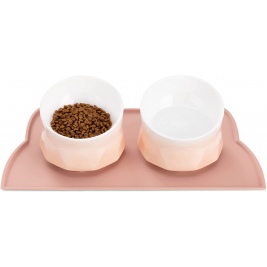 Navaris Cat Bowls Set of 2 with Mat - Σετ με 2 Κεραμικά Μπολ Φαγητού και Νερού με Βάση Σιλικόνης για Κατοικίδια - 250 ml - Pink (53300.60)