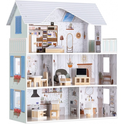 Navaris Wooden Doll House - Ξύλινο Κουκλόσπιτο με Έπιπλα - 69.5 x 62 x 27cm (55376.01)