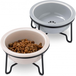 Navaris Raised Ceramic Pet Bowls with Metal Stands - Σετ με 2 Ανυψωμένα Κεραμικά Μπολ Φαγητού και Νερού σε Μεταλλικές Βάσεις για Κατοικίδια - 380ml - Beige / Gray (55724.11)